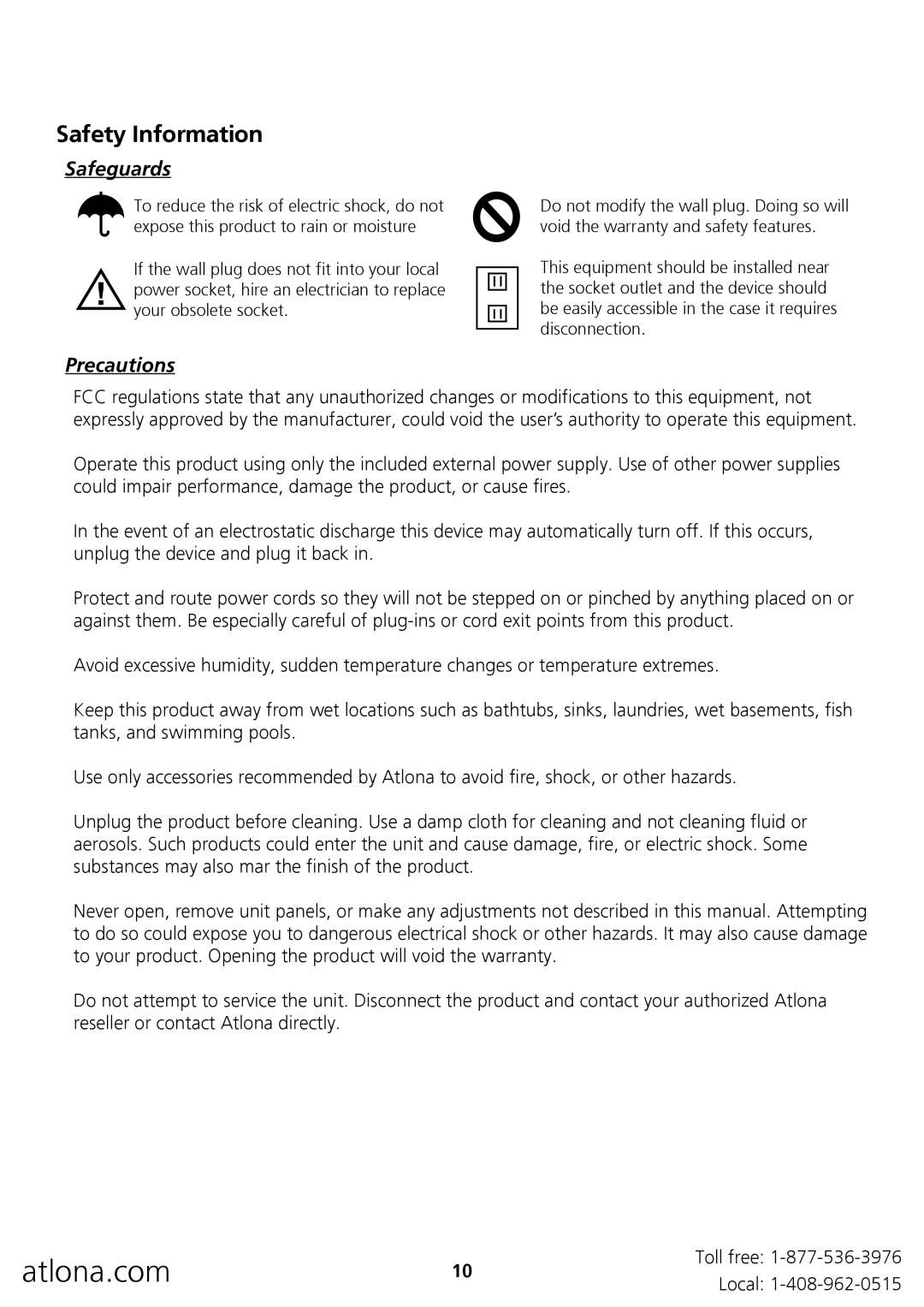 Atlona AT-PA100-G2 user manual Safety Information, Safeguards, Precautions 