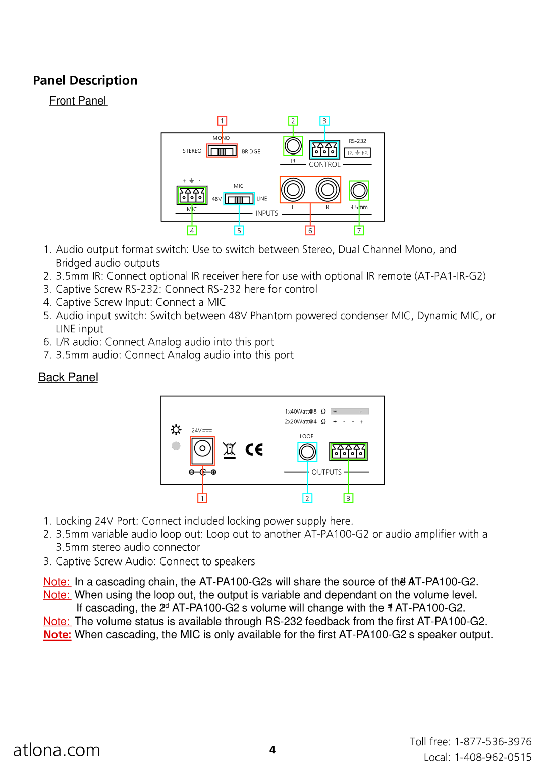 Atlona AT-PA100-G2 user manual Panel Description, Back Panel 