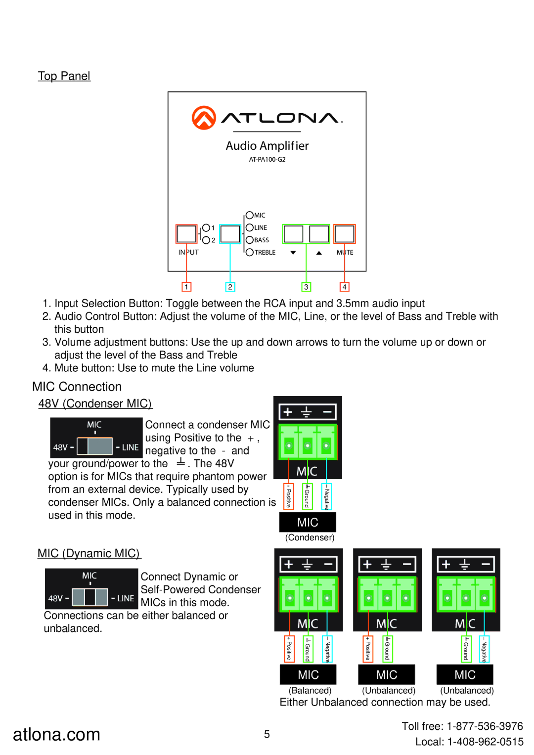 Atlona AT-PA100-G2 user manual MIC Connection, Top Panel, 48V Condenser MIC, MIC Dynamic MIC 