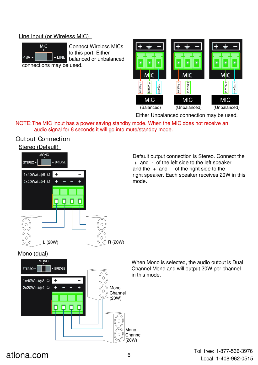 Atlona AT-PA100-G2 user manual Output Connection, Line Input or Wireless MIC, Stereo Default, Mono dual 