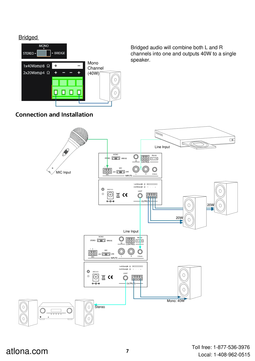 Atlona AT-PA100-G2 user manual Connection and Installation, Bridged 