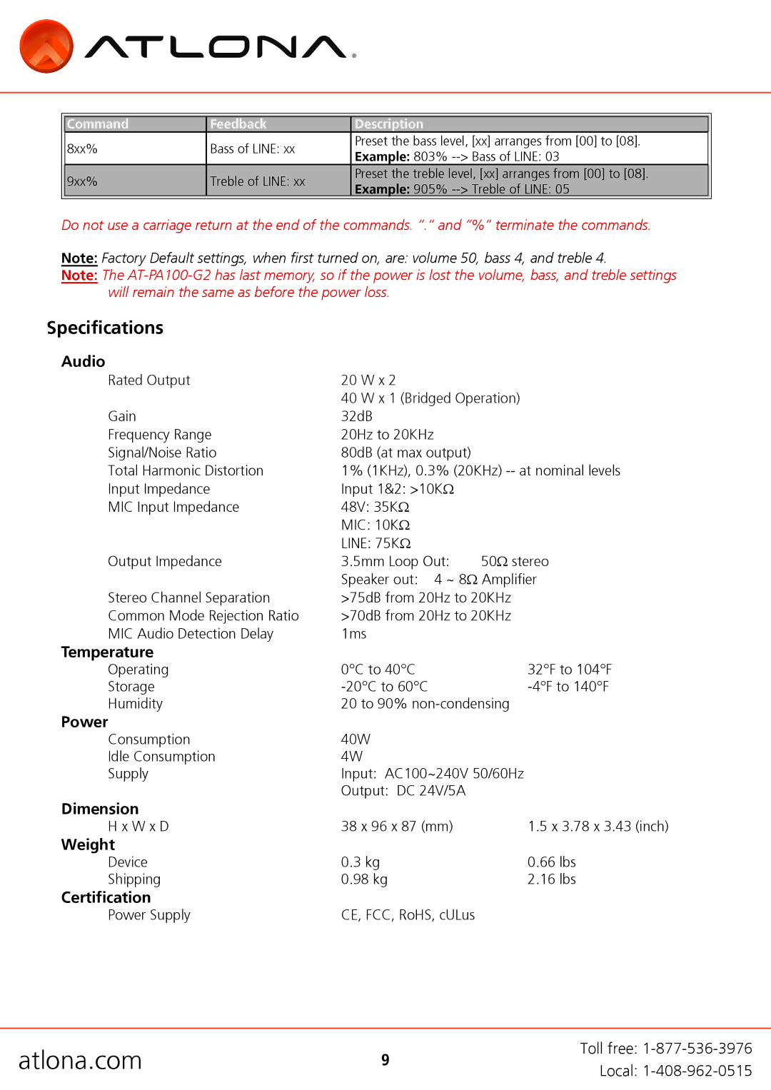 Atlona AT-PA100-G2 user manual Specifications 