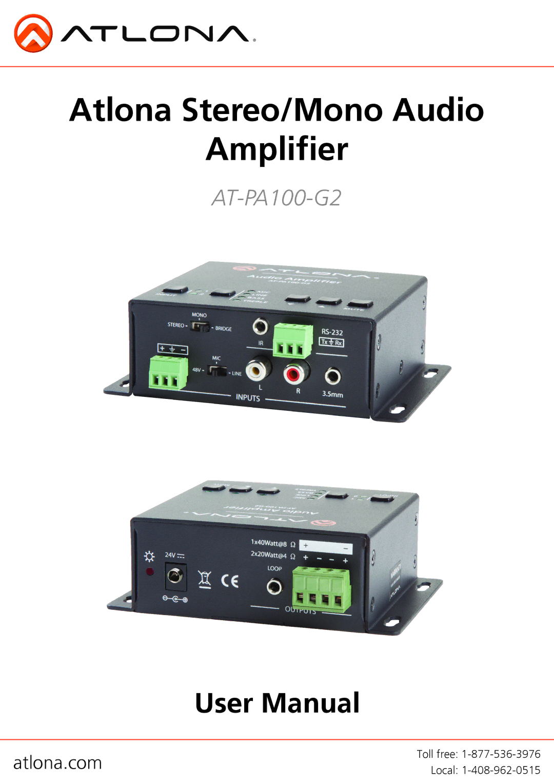 Atlona AT-PA100-G2 user manual Atlona Stereo/Mono Audio Amplifier 