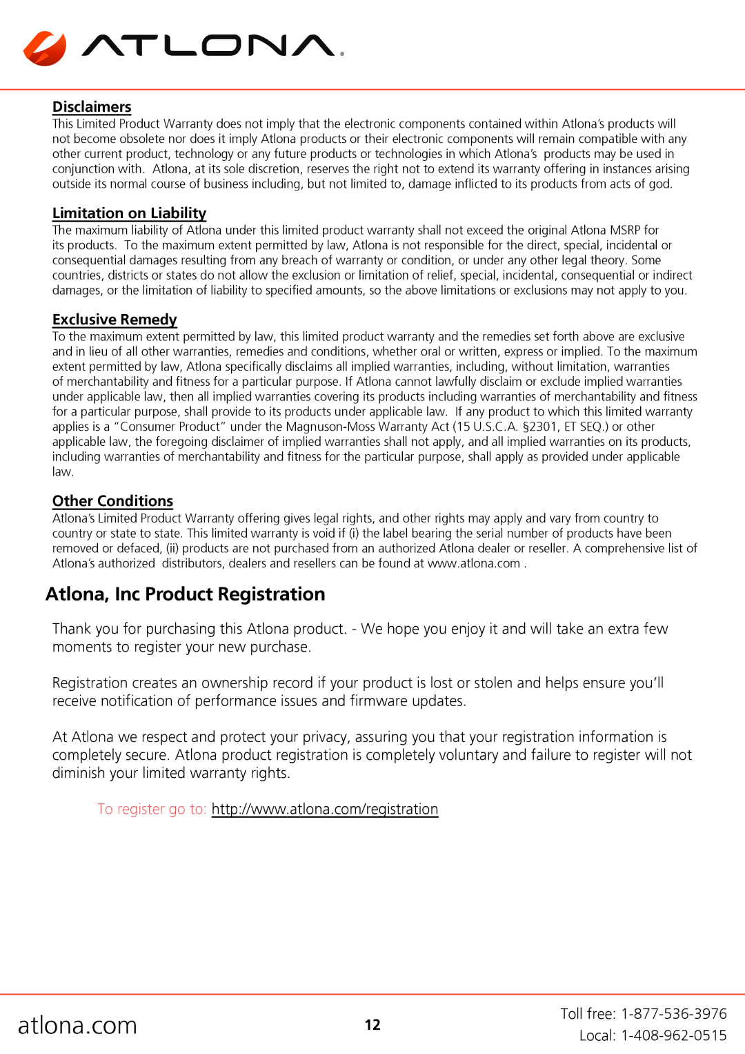 Atlona AT-PA100-G2 user manual Atlona, Inc Product Registration, Disclaimers, Limitation on Liability, Exclusive Remedy 