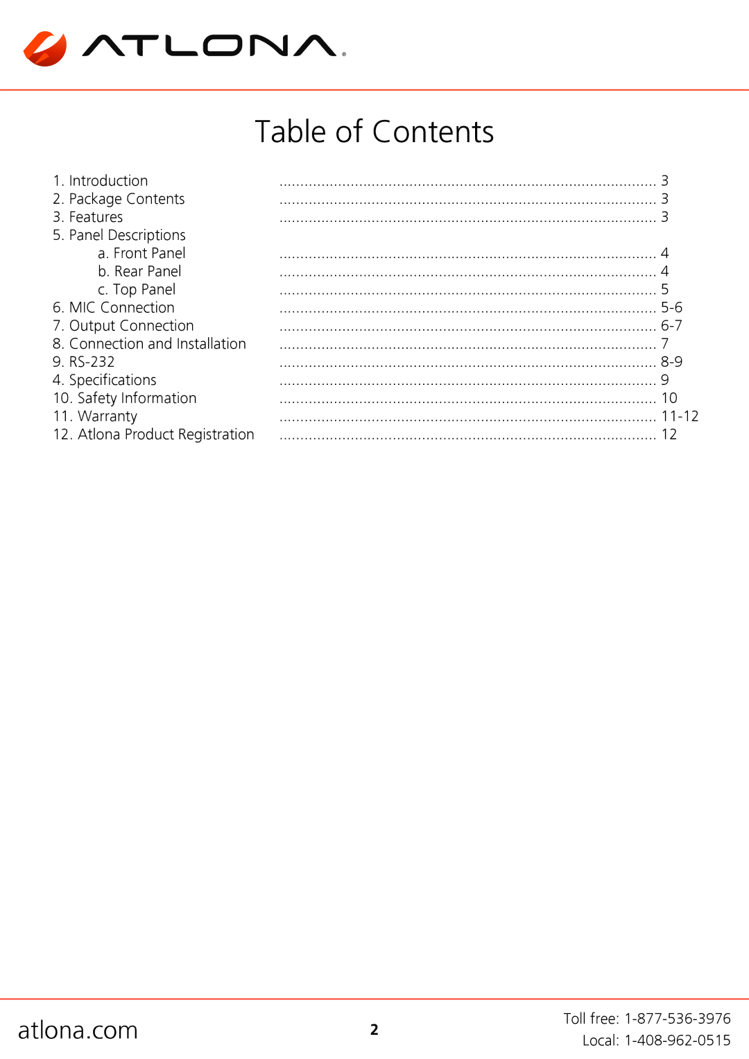 Atlona AT-PA100-G2 user manual Table of Contents 