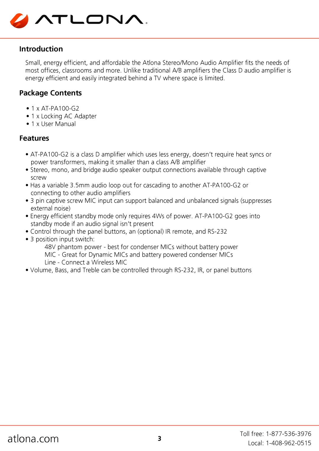 Atlona AT-PA100-G2 user manual Introduction, Package Contents, Features 