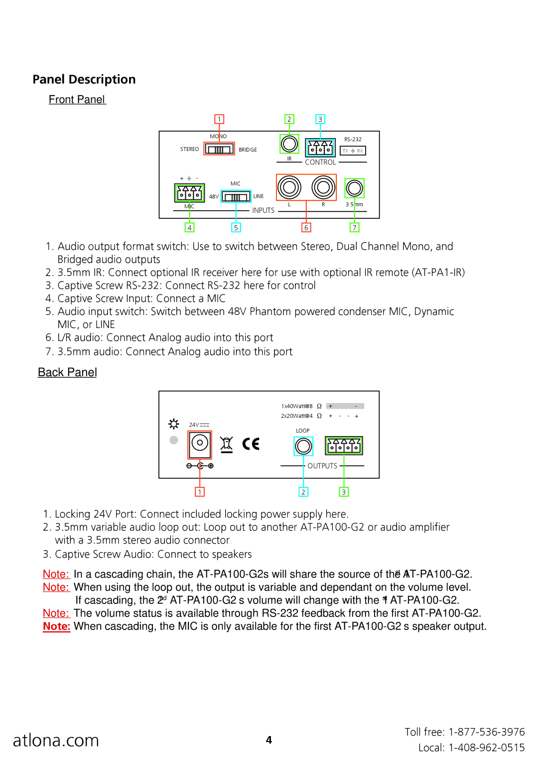 Atlona AT-PA100-G2 user manual Panel Description, Back Panel 