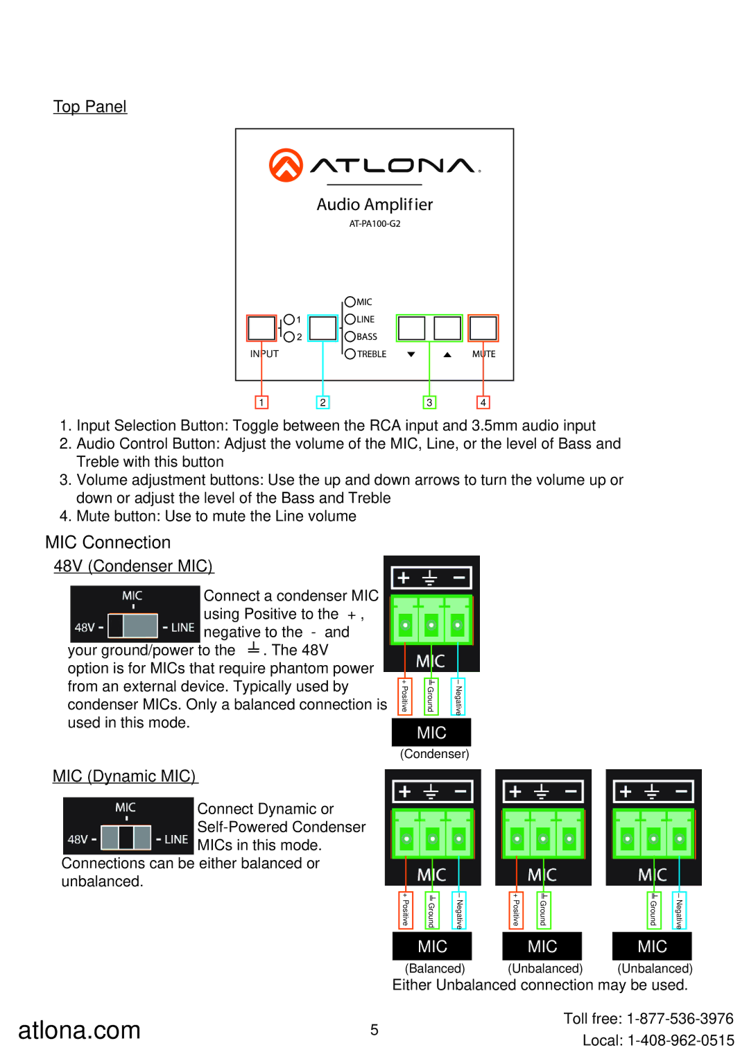 Atlona AT-PA100-G2 user manual MIC Connection, 48V Condenser MIC, MIC Dynamic MIC 