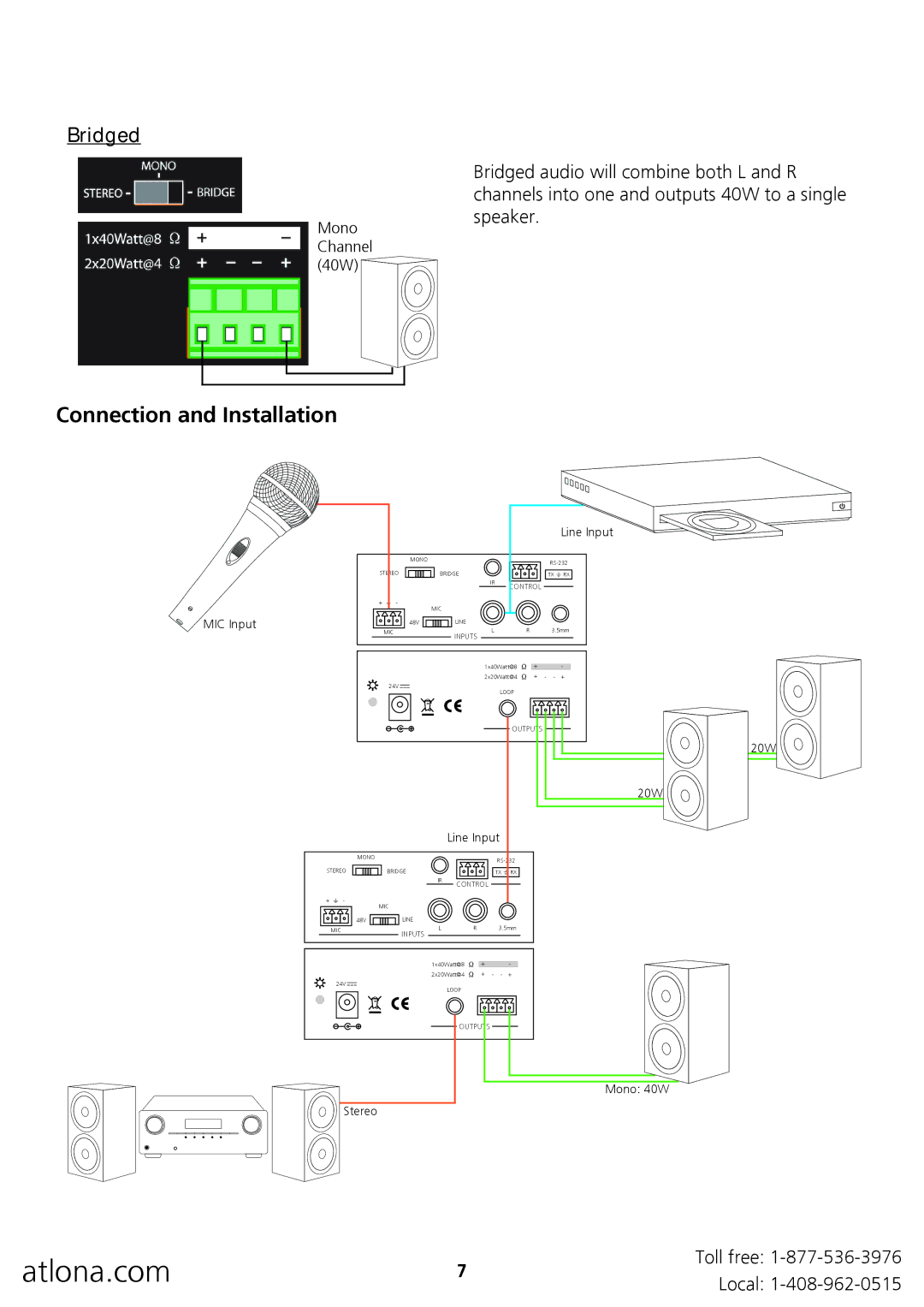 Atlona AT-PA100-G2 user manual Connection and Installation, Bridged 