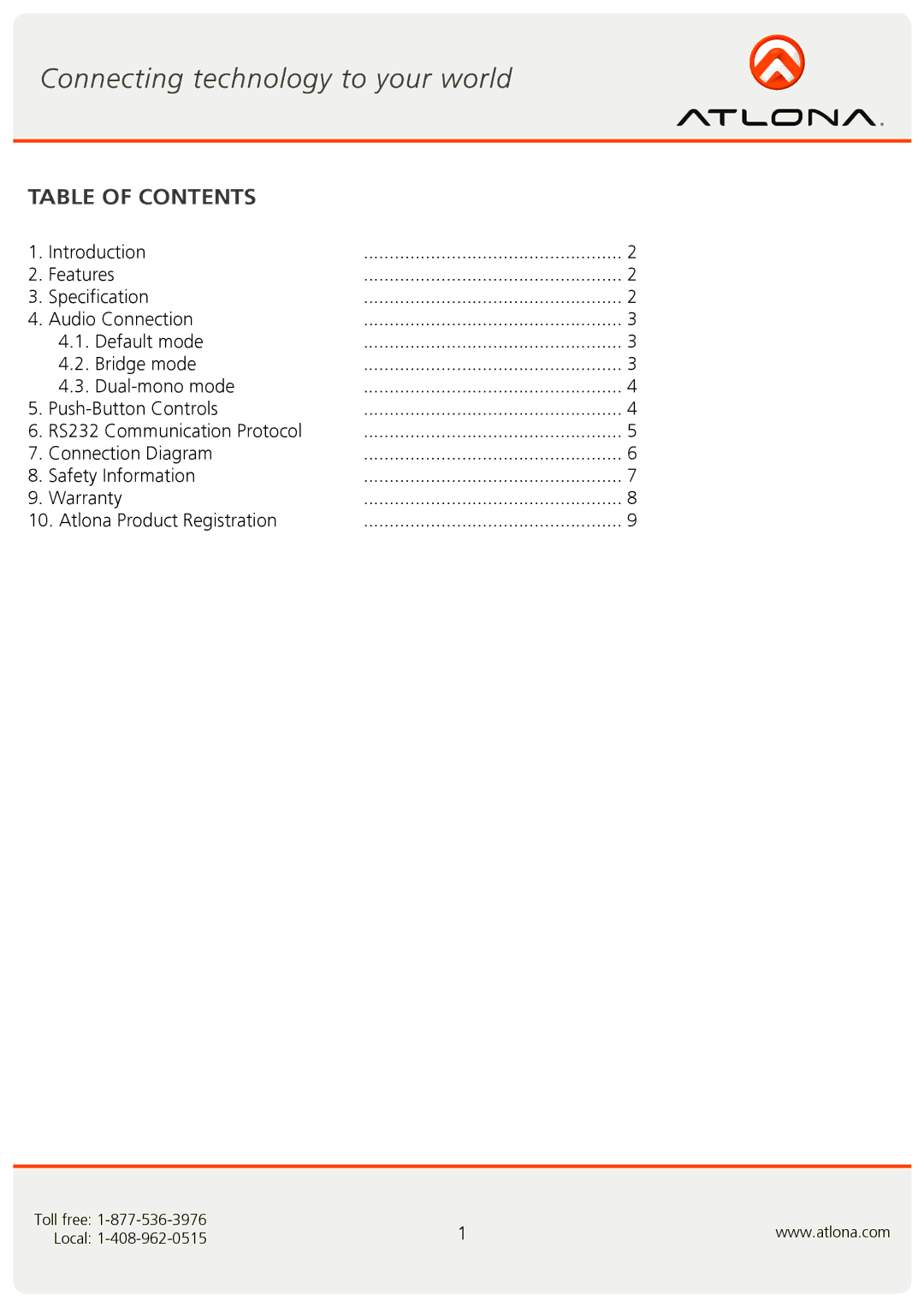 Atlona AT-PA100 user manual Table of Contents 