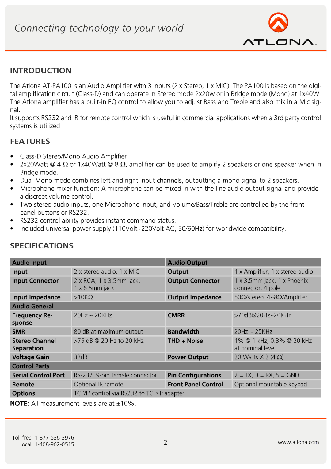 Atlona AT-PA100 user manual Introduction, Features, Specifications 