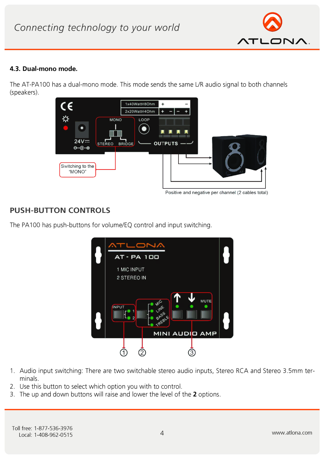 Atlona AT-PA100 user manual PUSH-BUTTON Controls, Dual-mono mode 