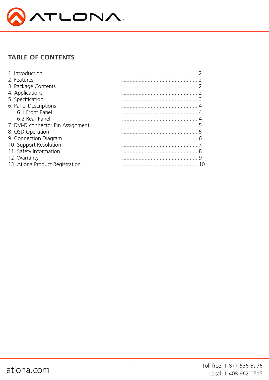 Atlona AT-PC530 user manual Table Of Contents, atlona.com 