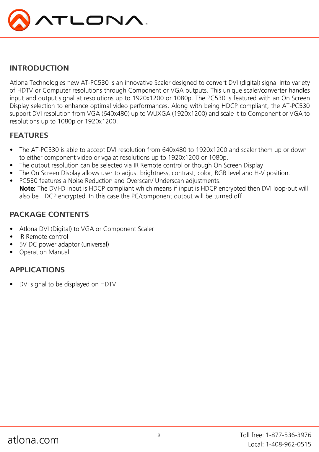 Atlona AT-PC530 user manual Introduction, Features, Package Contents, Applications, atlona.com 