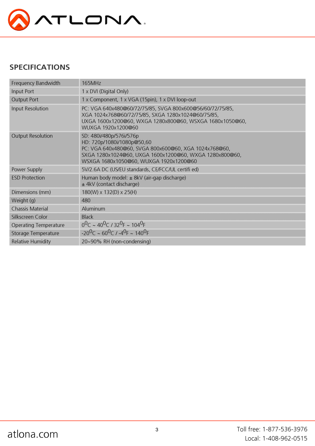 Atlona AT-PC530 user manual Specifications, atlona.com 