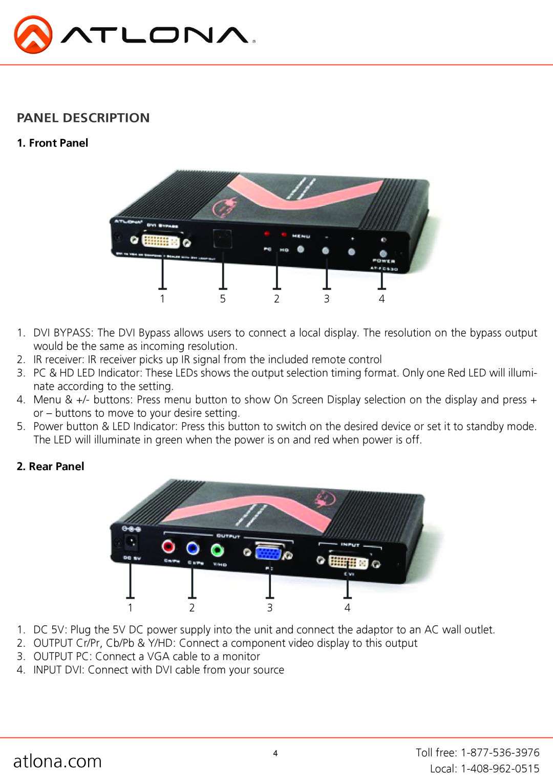 Atlona AT-PC530 user manual Panel Description, Front Panel, Rear Panel, atlona.com 