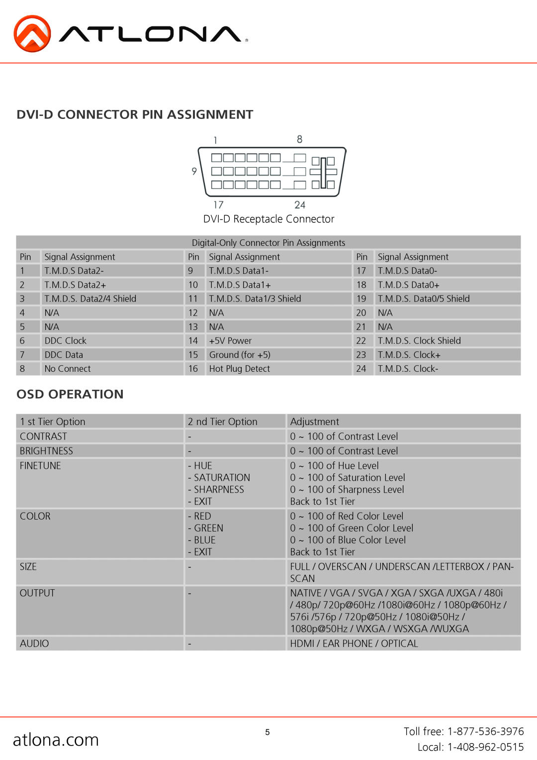 Atlona AT-PC530 user manual Dvi-D Connector Pin Assignment, Osd Operation, atlona.com 