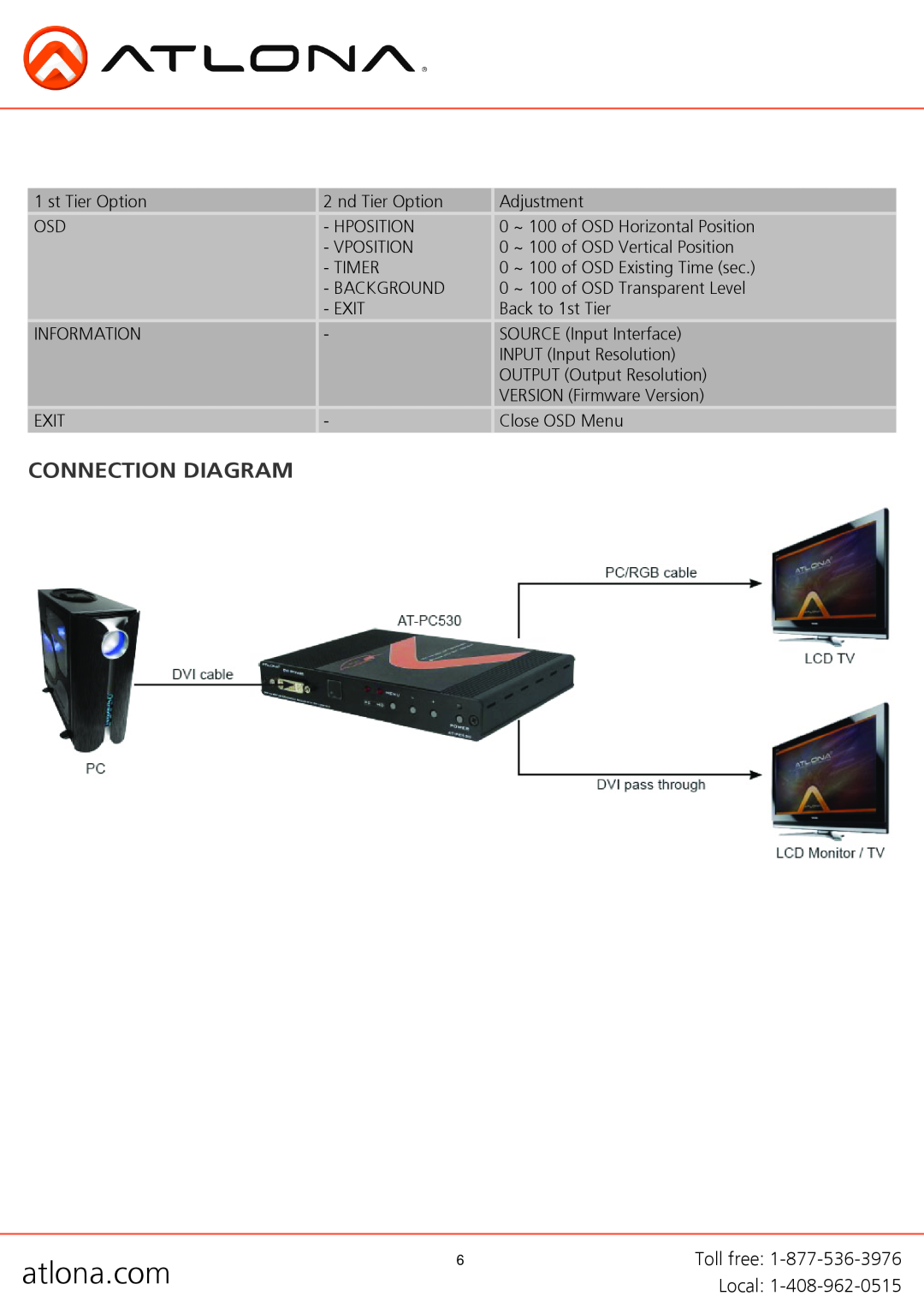 Atlona AT-PC530 user manual Connection Diagram, atlona.com 