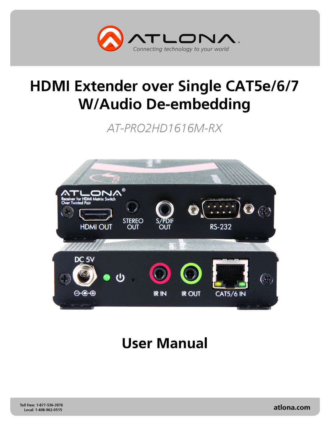 Atlona AT-PRO2HD1616M-RX user manual Hdmi Extender over Single CAT5e/6/7 Audio De-embedding 