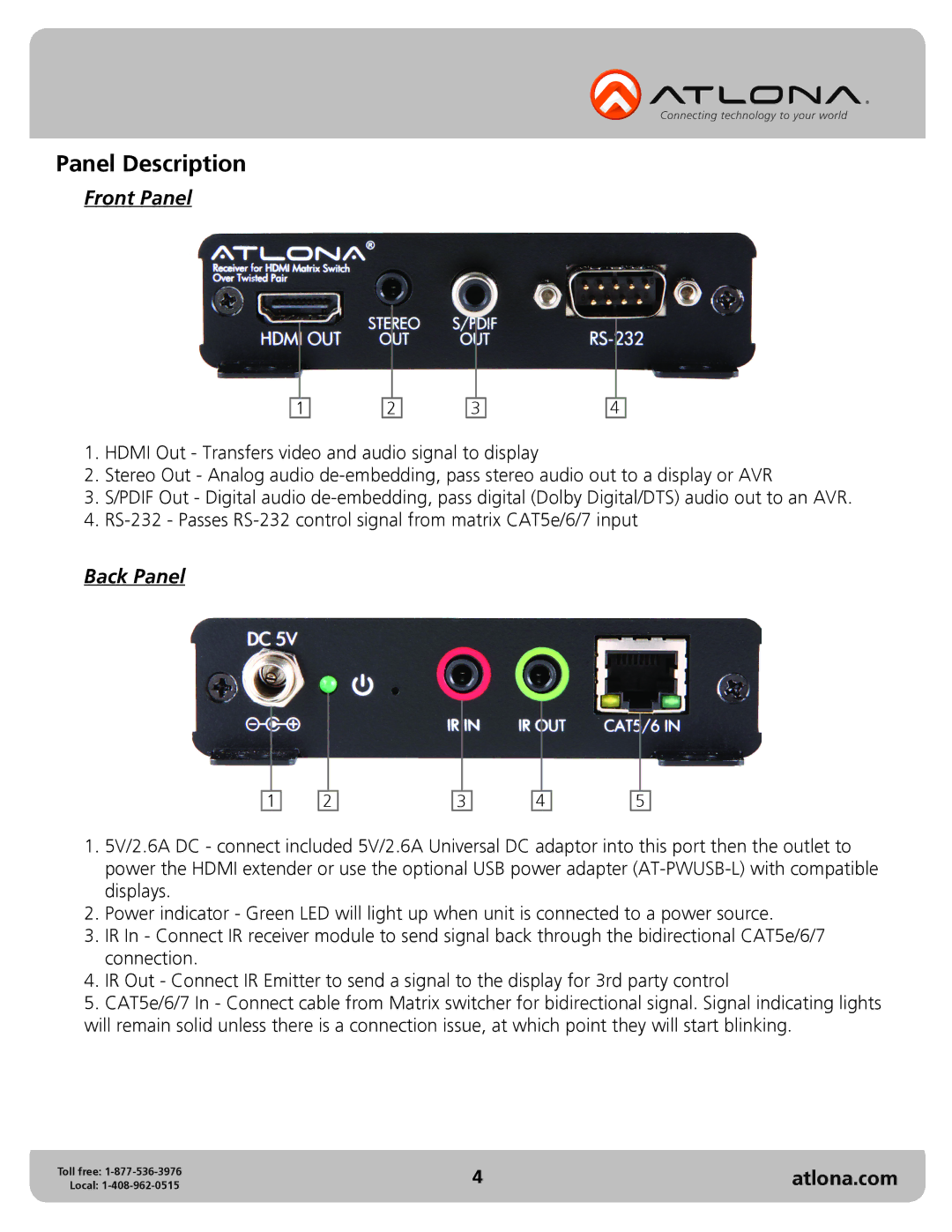 Atlona AT-PRO2HD1616M-RX user manual Panel Description, Front Panel, Back Panel 