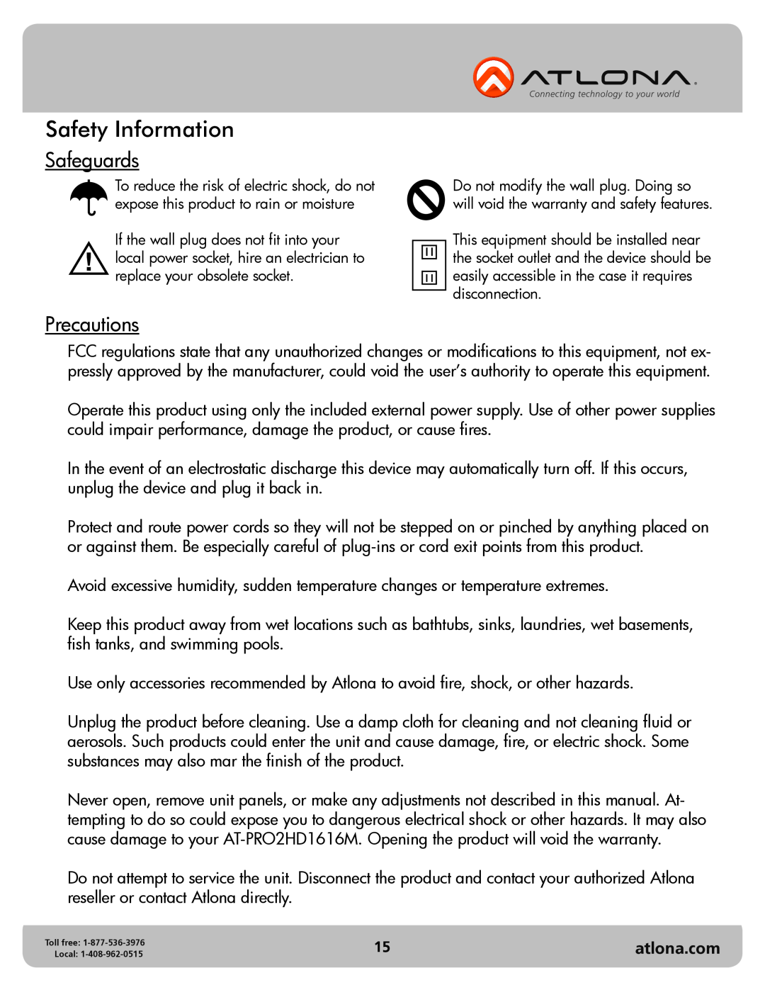 Atlona AT-PRO2HD1616M user manual Safety Information, Safeguards, Precautions, atlona.com 