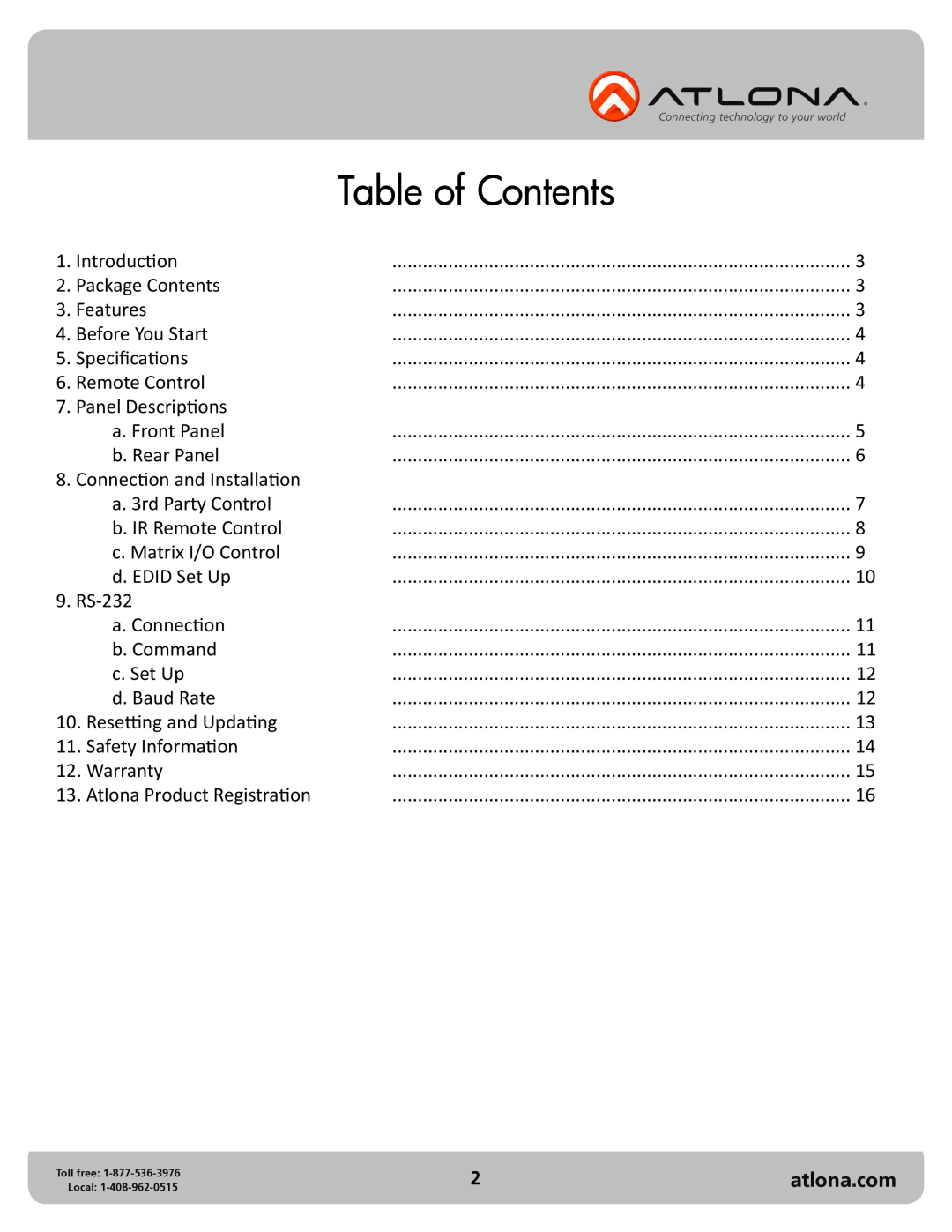 Atlona AT-PRO2HD1616M user manual Table of Contents, atlona.com 