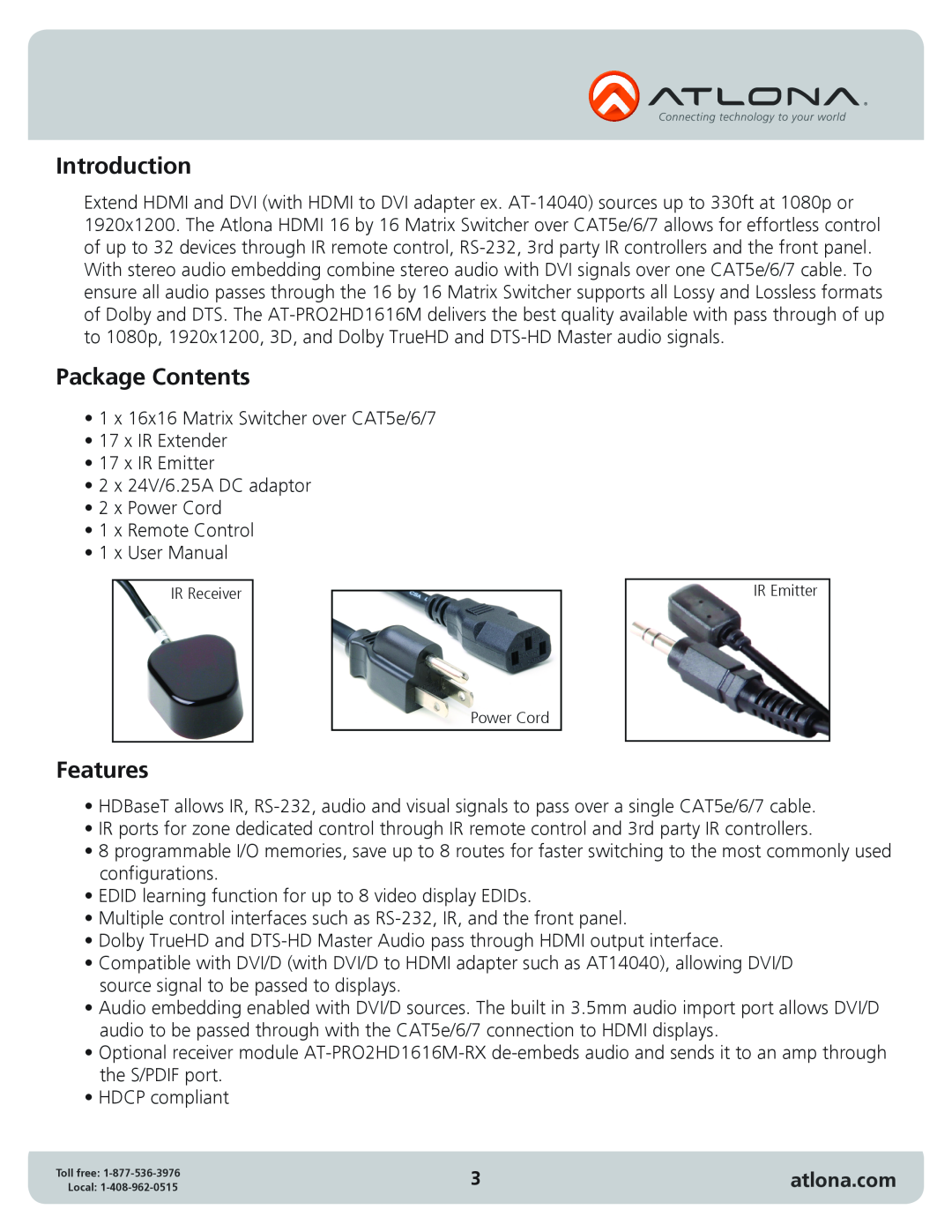 Atlona AT-PRO2HD1616M user manual Introduction, Package Contents, Features, atlona.com 