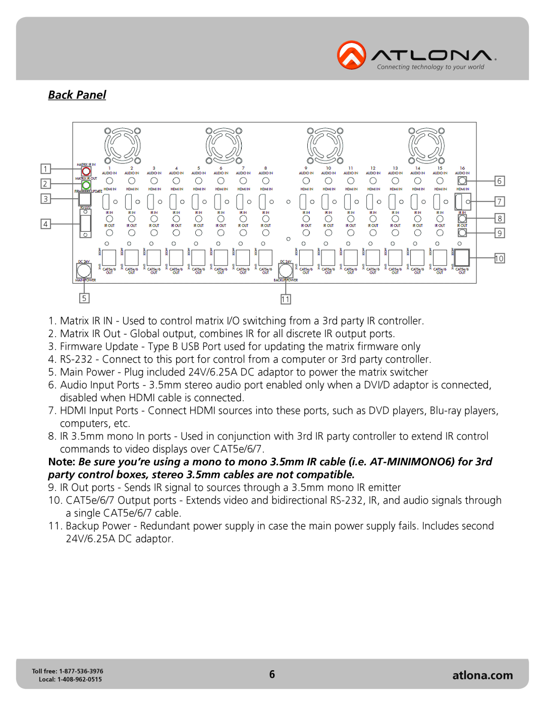 Atlona AT-PRO2HD1616M user manual Back Panel, atlona.com 