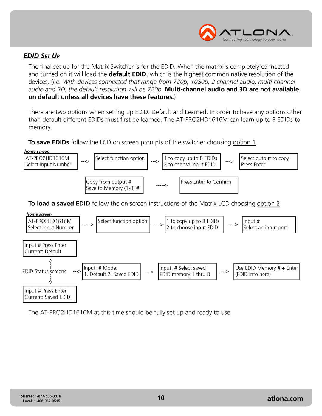 Atlona AT-PRO2HD1616M user manual Edid Set Up 