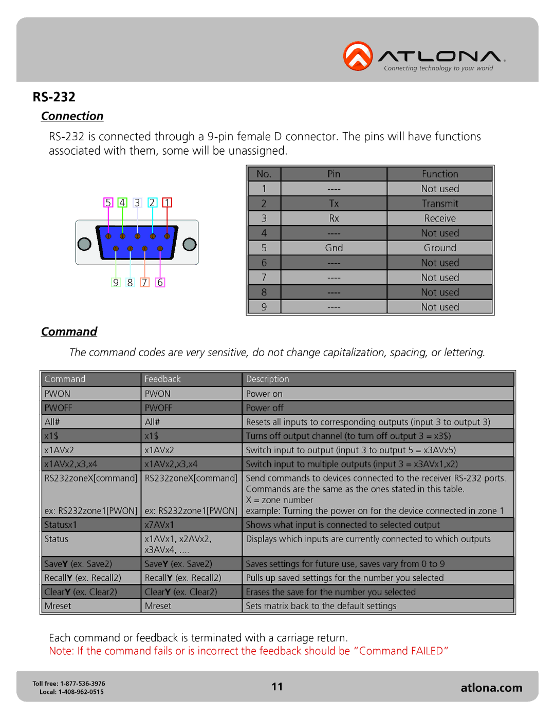 Atlona AT-PRO2HD1616M user manual RS-232, Connection, Command 