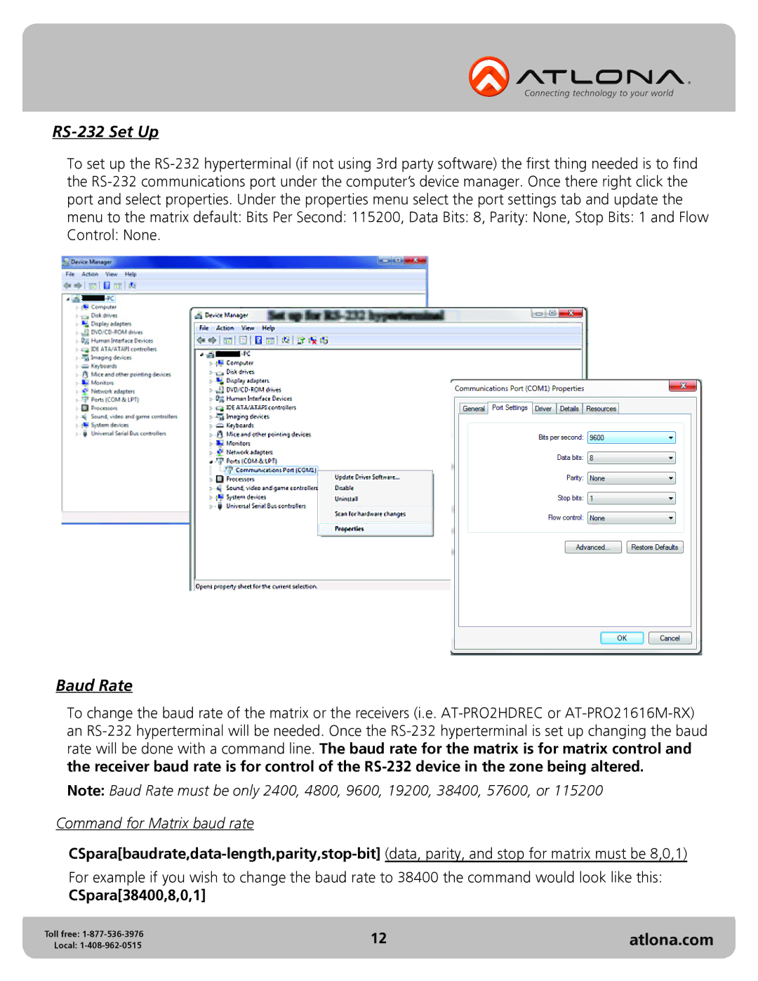 Atlona AT-PRO2HD1616M user manual RS-232 Set Up, Baud Rate 