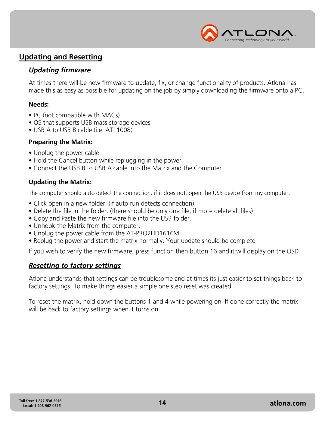 Atlona AT-PRO2HD1616M user manual Updating firmware, Resetting to factory settings 