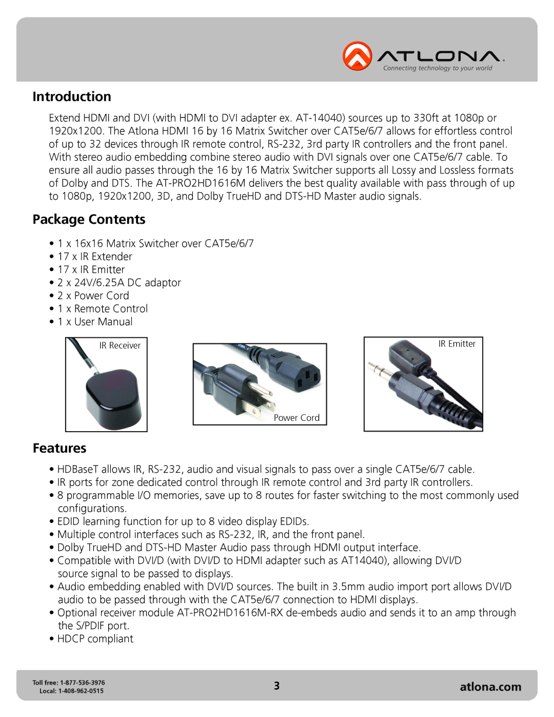 Atlona AT-PRO2HD1616M user manual Introduction, Package Contents, Features 