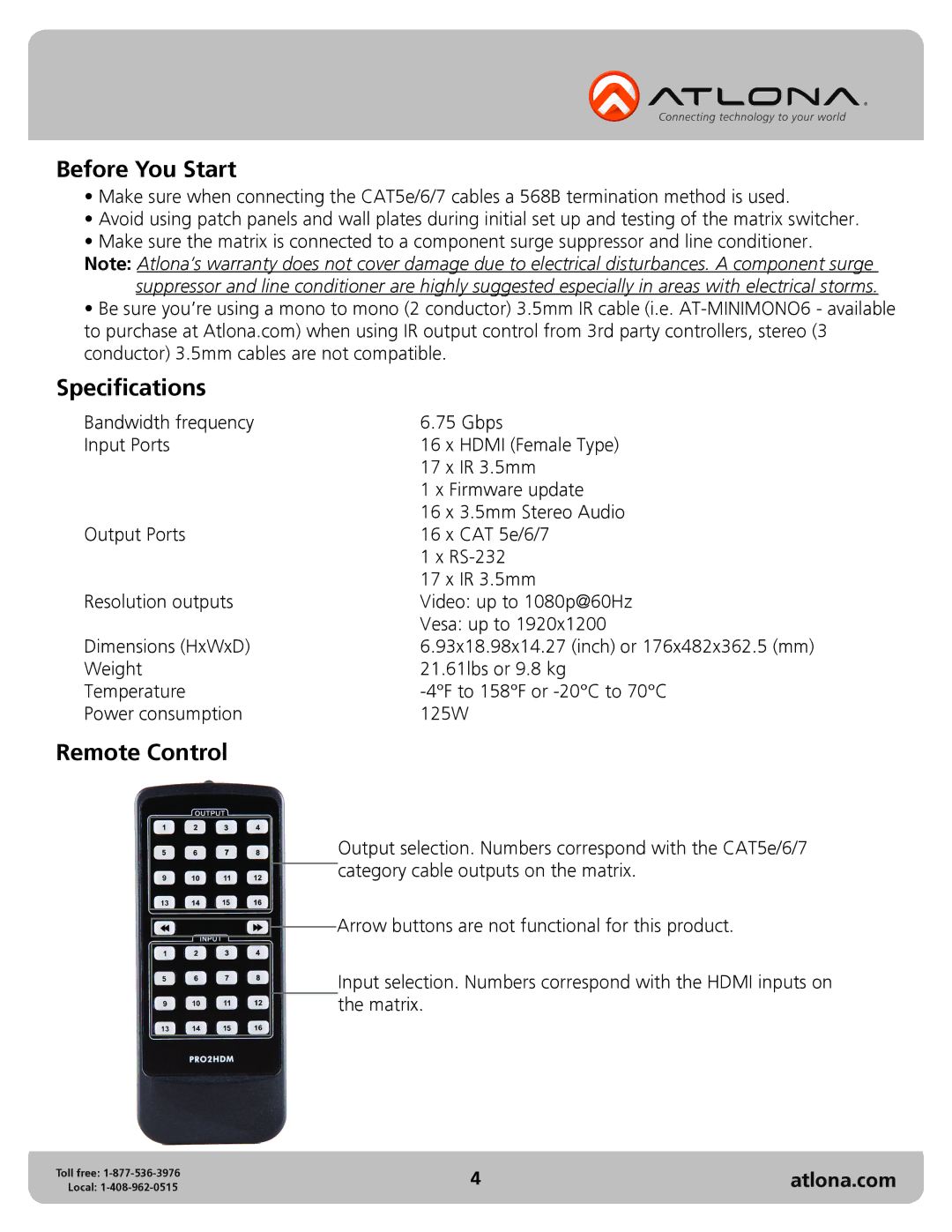 Atlona AT-PRO2HD1616M user manual Before You Start, Specifications, Remote Control 