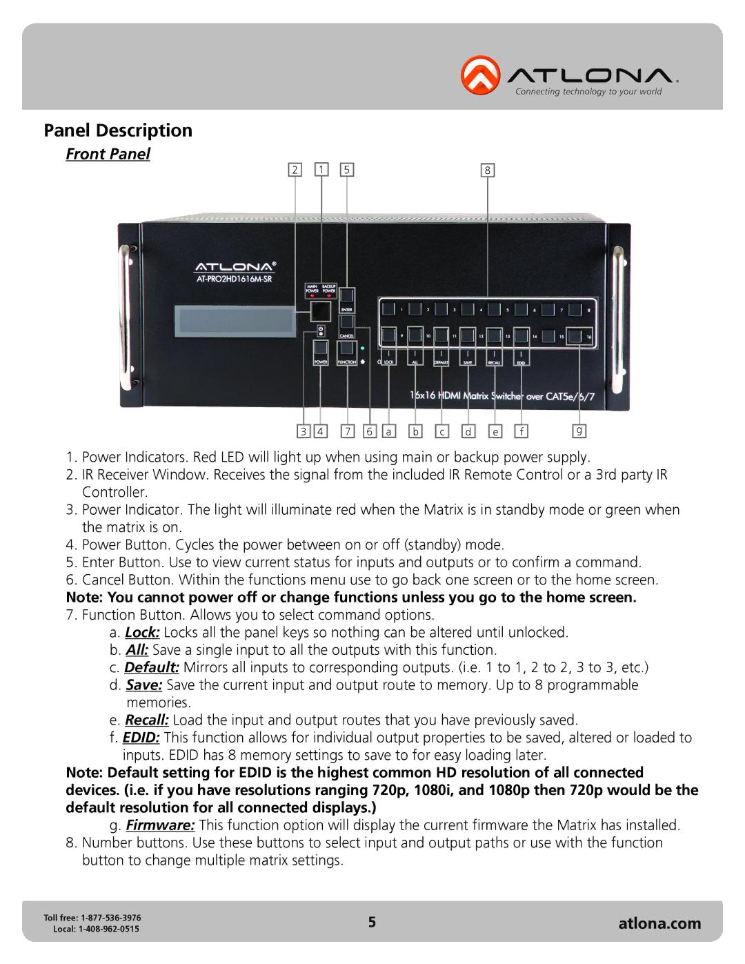 Atlona AT-PRO2HD1616M user manual Panel Description, Front Panel 