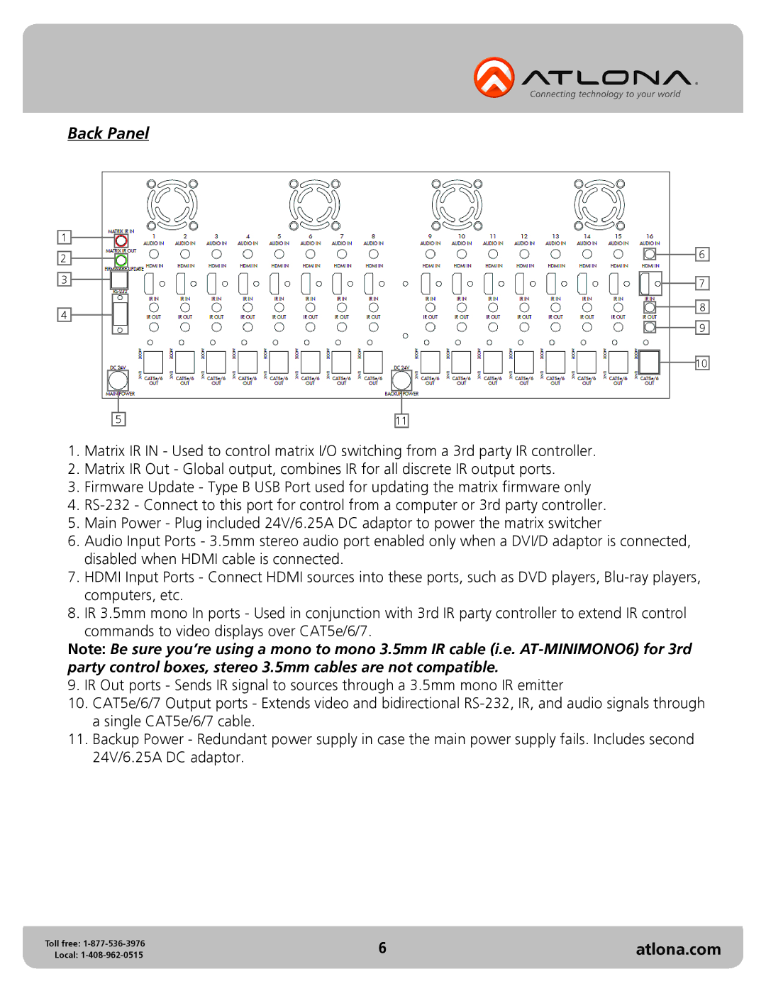 Atlona AT-PRO2HD1616M user manual Back Panel 