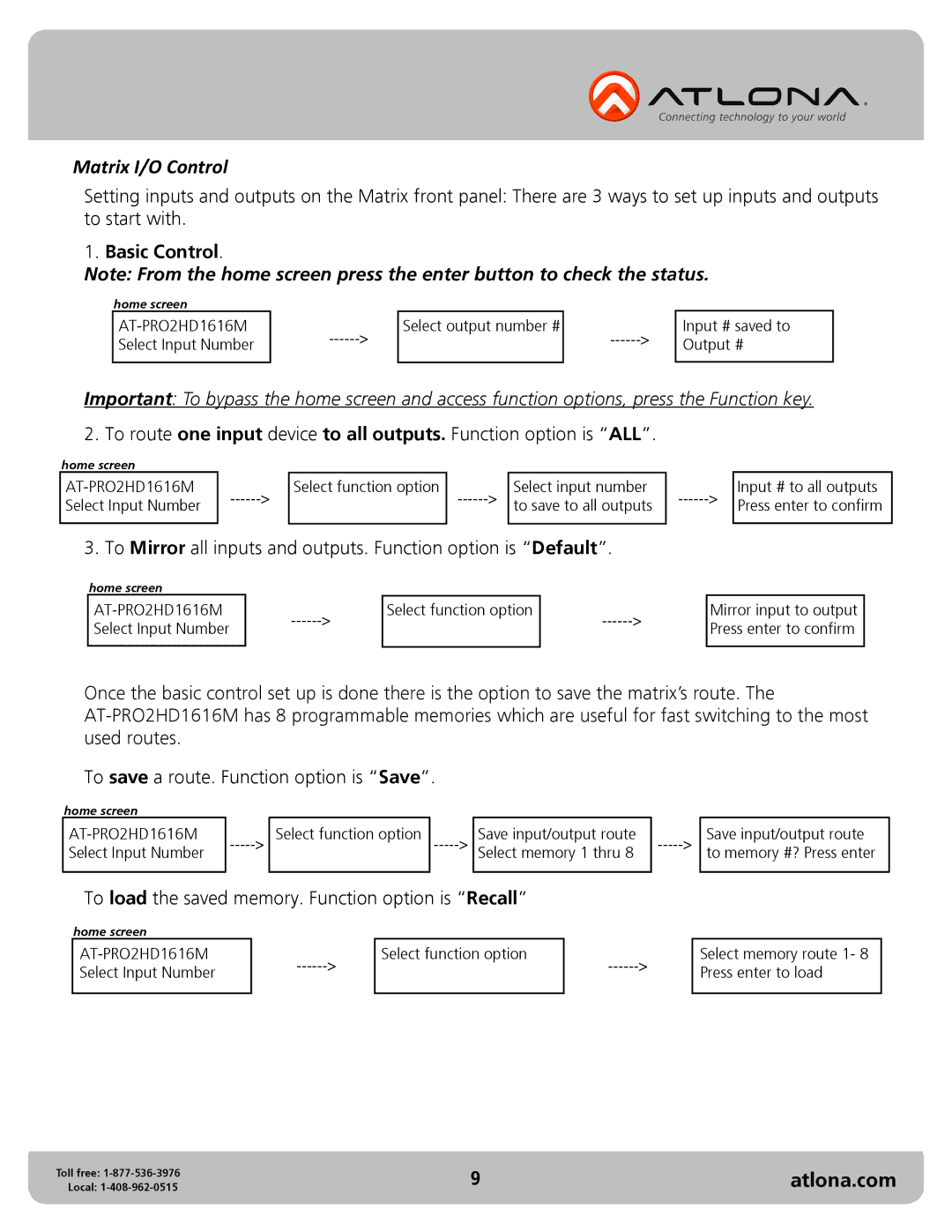 Atlona AT-PRO2HD1616M user manual Matrix I/O Control 