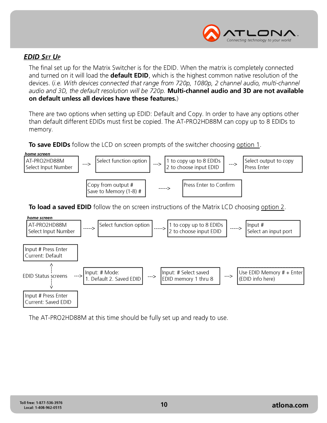 Atlona AT-PRO2HD88M user manual Edid Set Up 