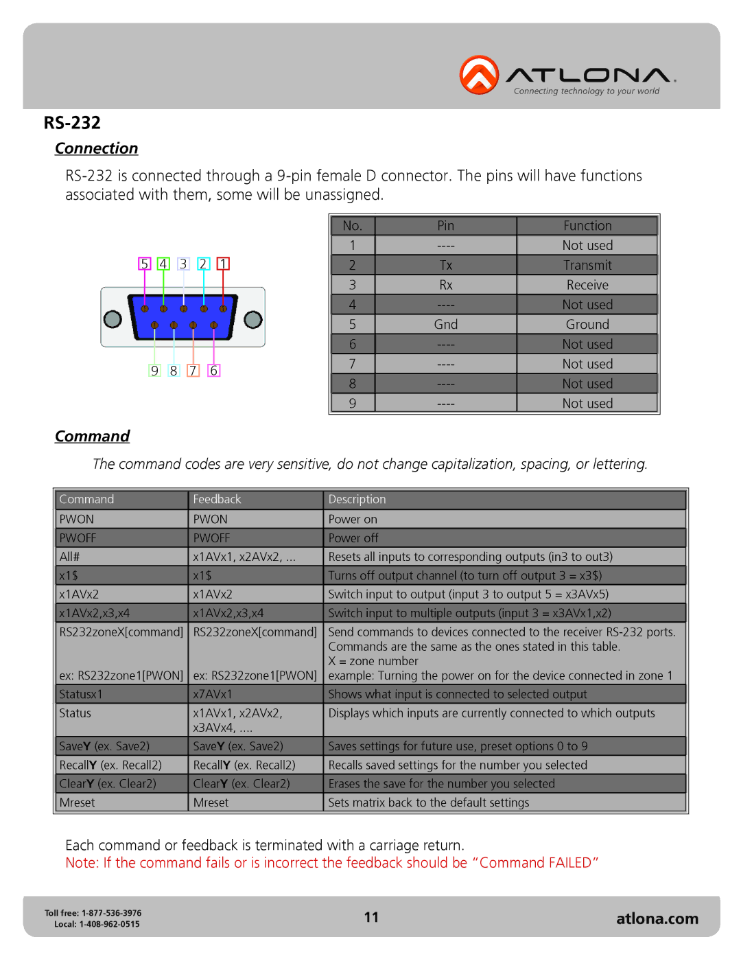 Atlona AT-PRO2HD88M user manual RS-232, Connection, Command 