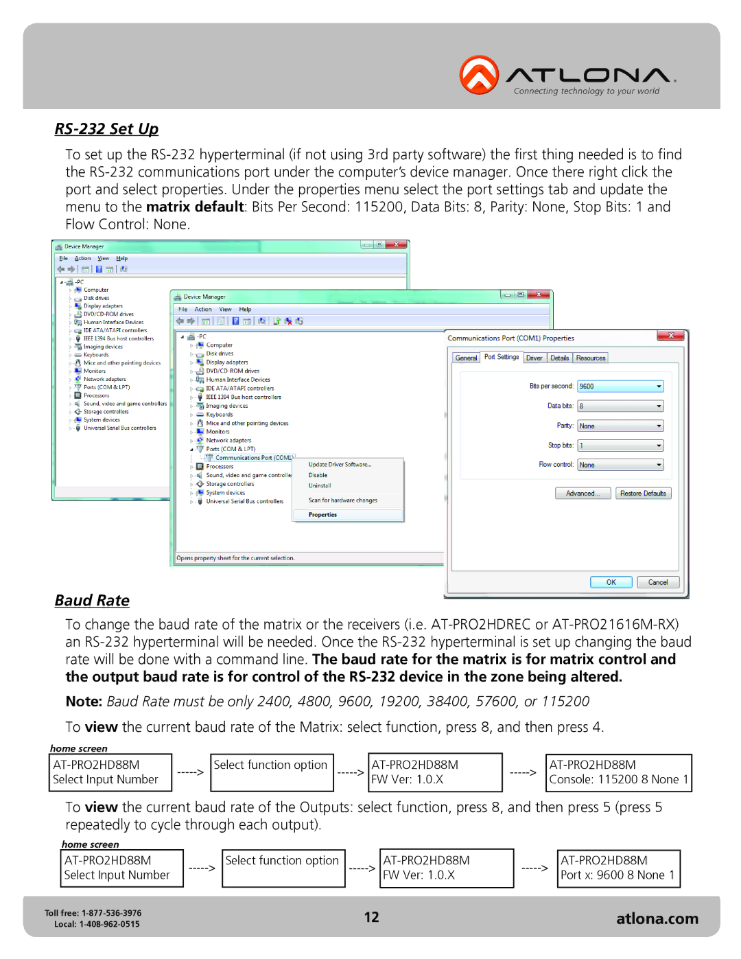 Atlona AT-PRO2HD88M user manual RS-232 Set Up, Baud Rate 