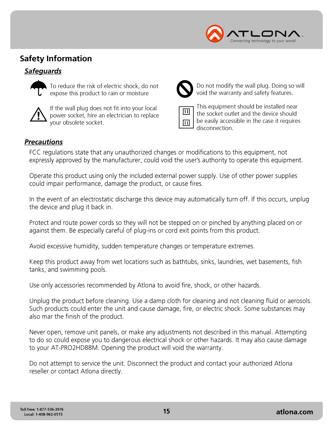 Atlona AT-PRO2HD88M user manual Safety Information, Safeguards, Precautions 