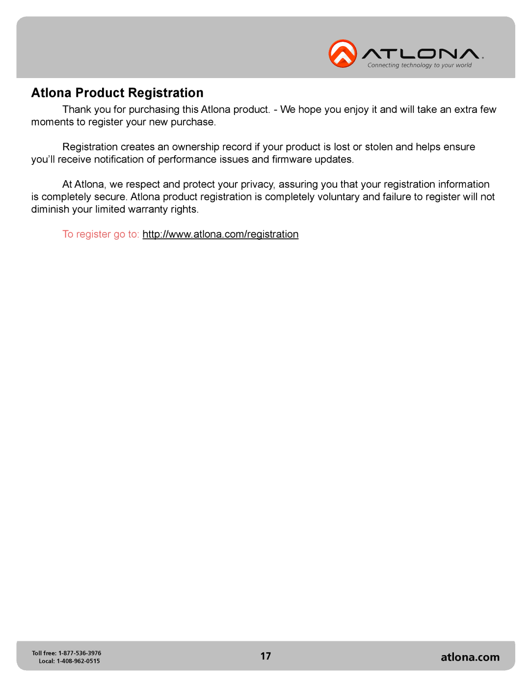 Atlona AT-PRO2HD88M user manual Atlona Product Registration 