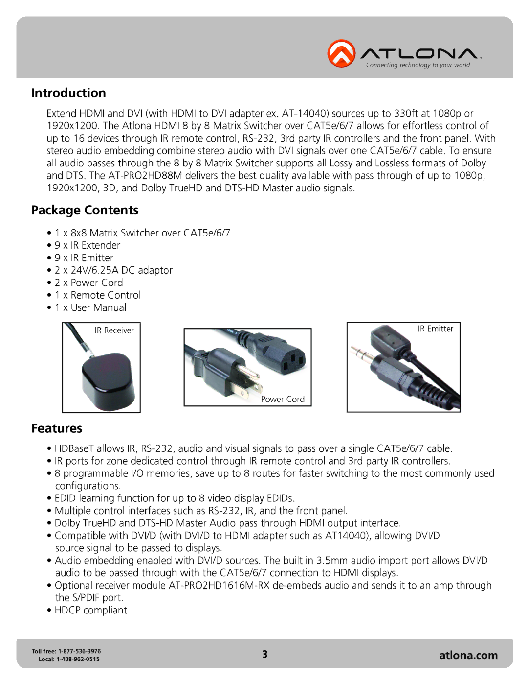 Atlona AT-PRO2HD88M user manual Introduction, Package Contents, Features 