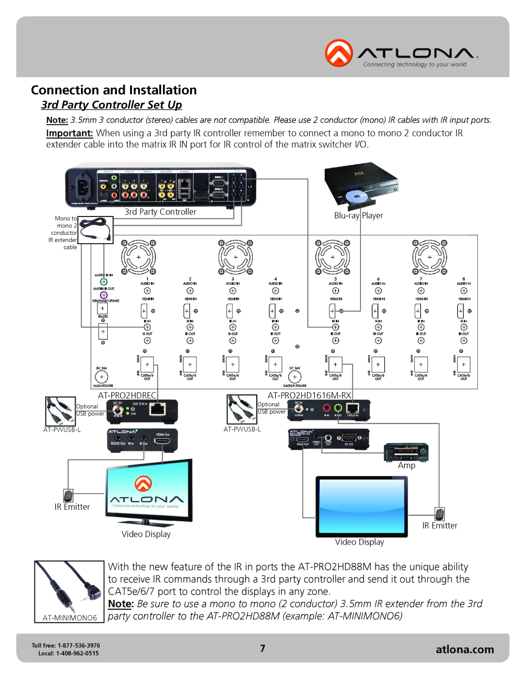 Atlona AT-PRO2HD88M user manual Connection and Installation, 3rd Party Controller Set Up 