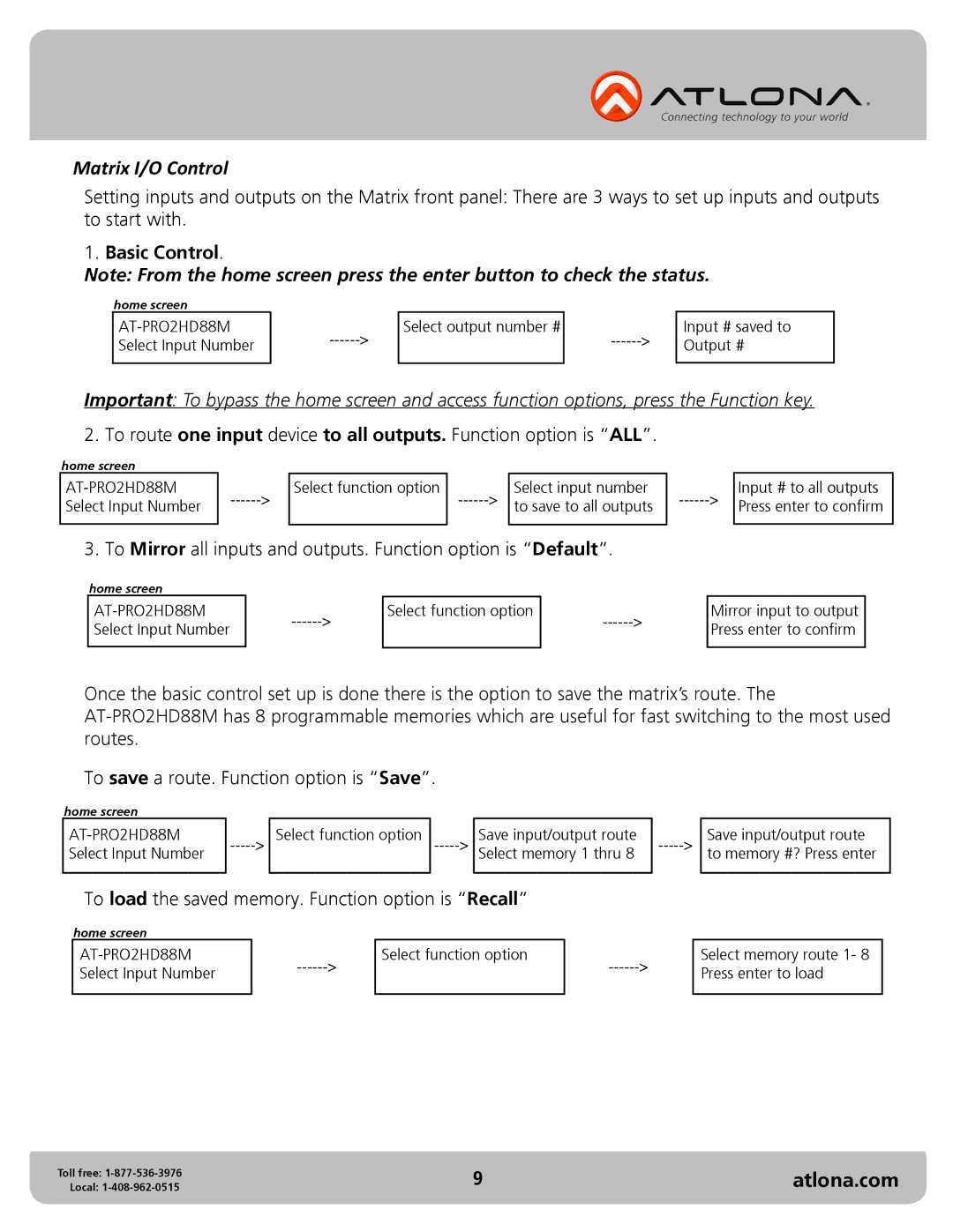 Atlona AT-PRO2HD88M user manual Matrix I/O Control 