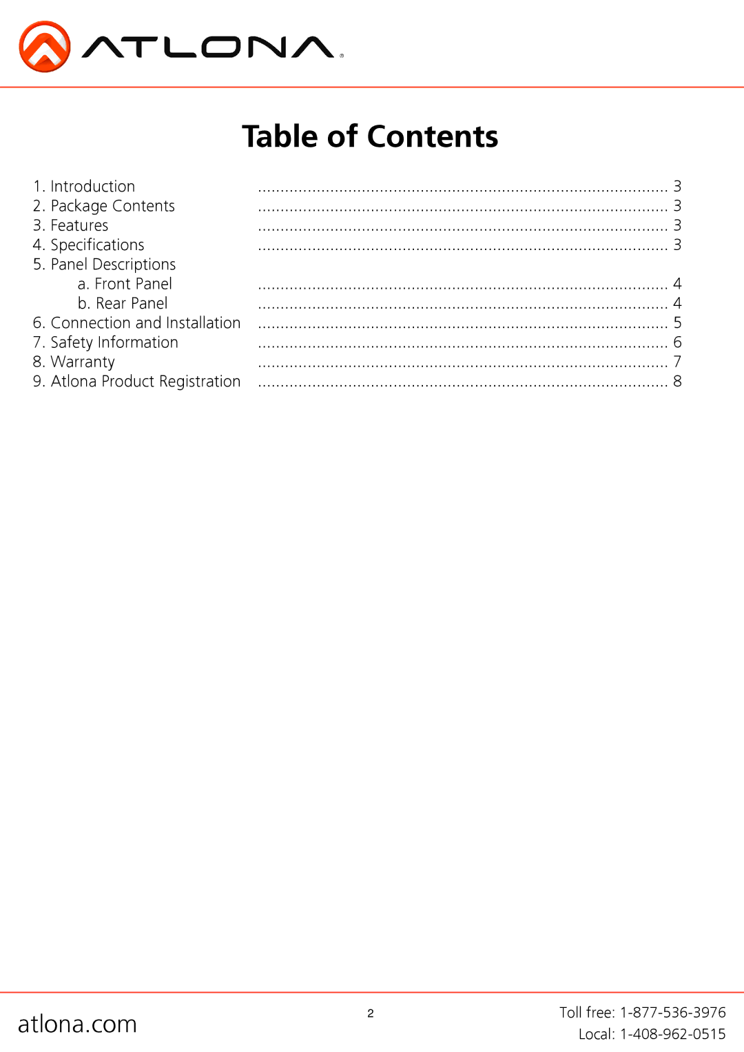 Atlona AT-PRO2HDREC user manual Table of Contents 