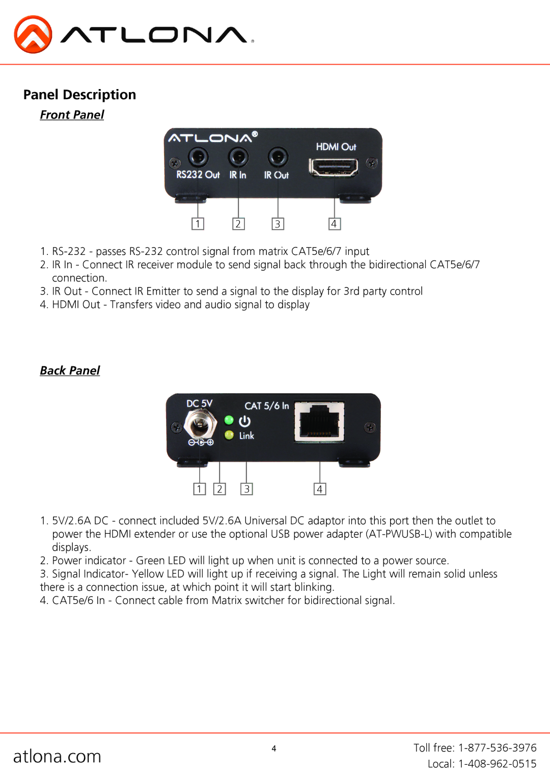 Atlona AT-PRO2HDREC user manual Panel Description, Front Panel, Back Panel 