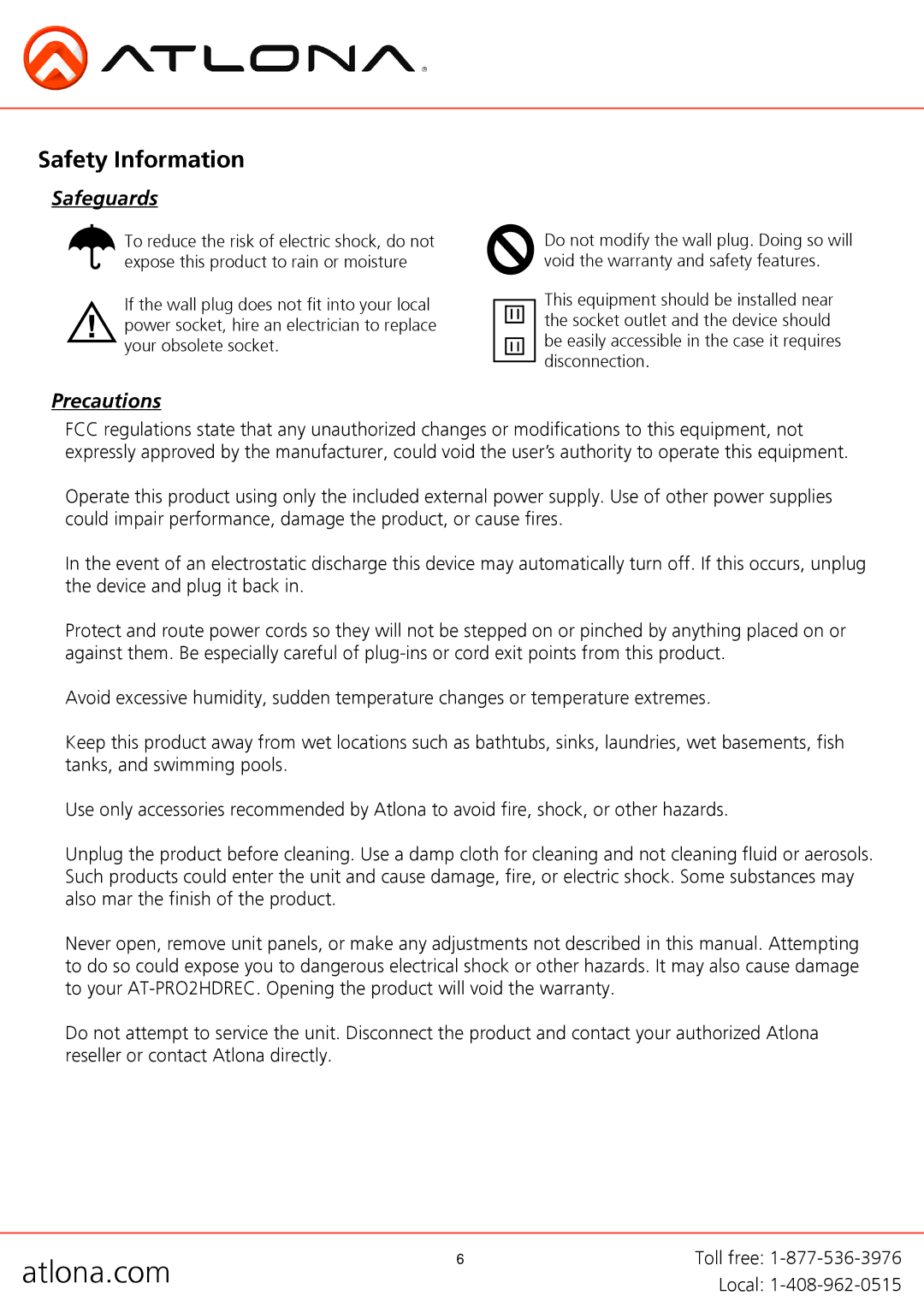 Atlona AT-PRO2HDREC user manual Safety Information, Safeguards, Precautions 