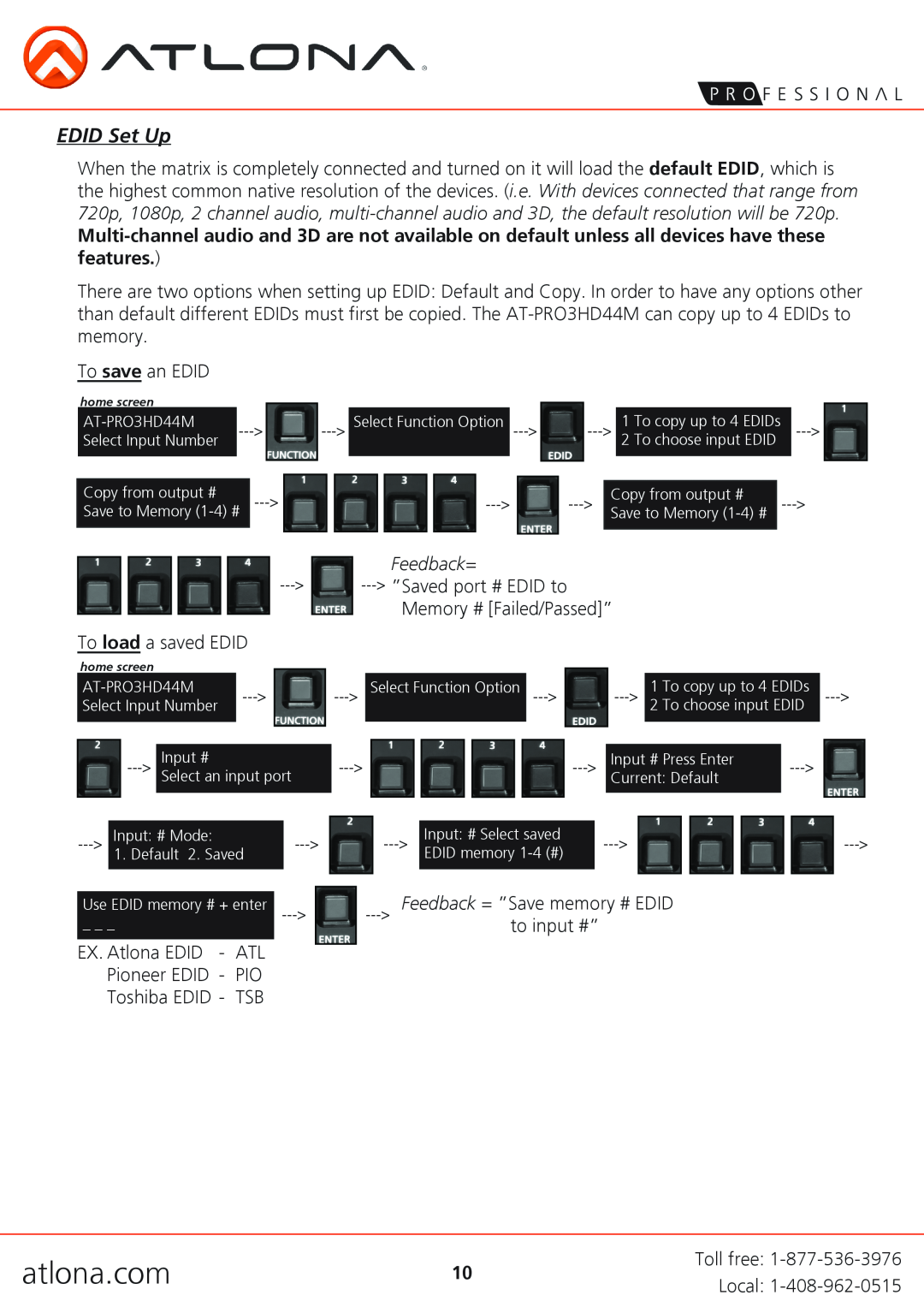 Atlona AT-PRO3HD44M user manual EDID Set Up, Feedback=, atlona.com 