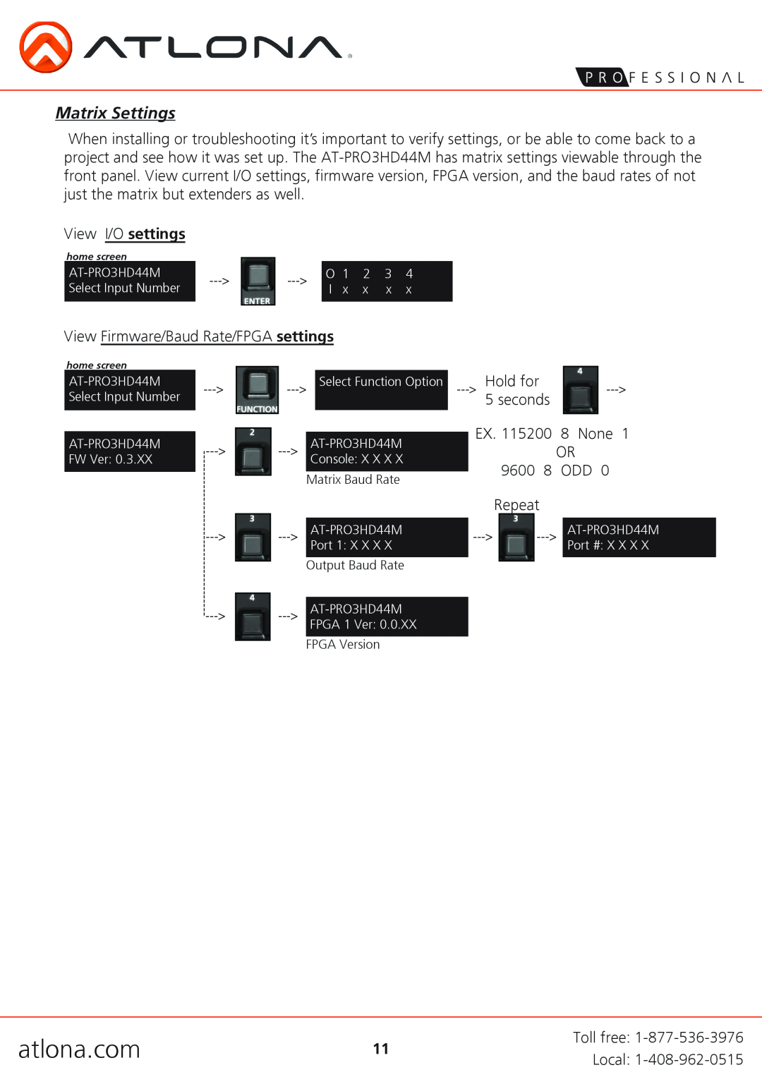 Atlona AT-PRO3HD44M user manual Matrix Settings, atlona.com, View I/O settings 